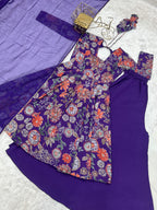 Royal Purple Floral Printed Roman Silk Chanderi Kurta Palazzo Set with Dupatta
