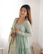 Festive Wear Teal Green Anarkali Dress with Premium Banarasi Dupatta