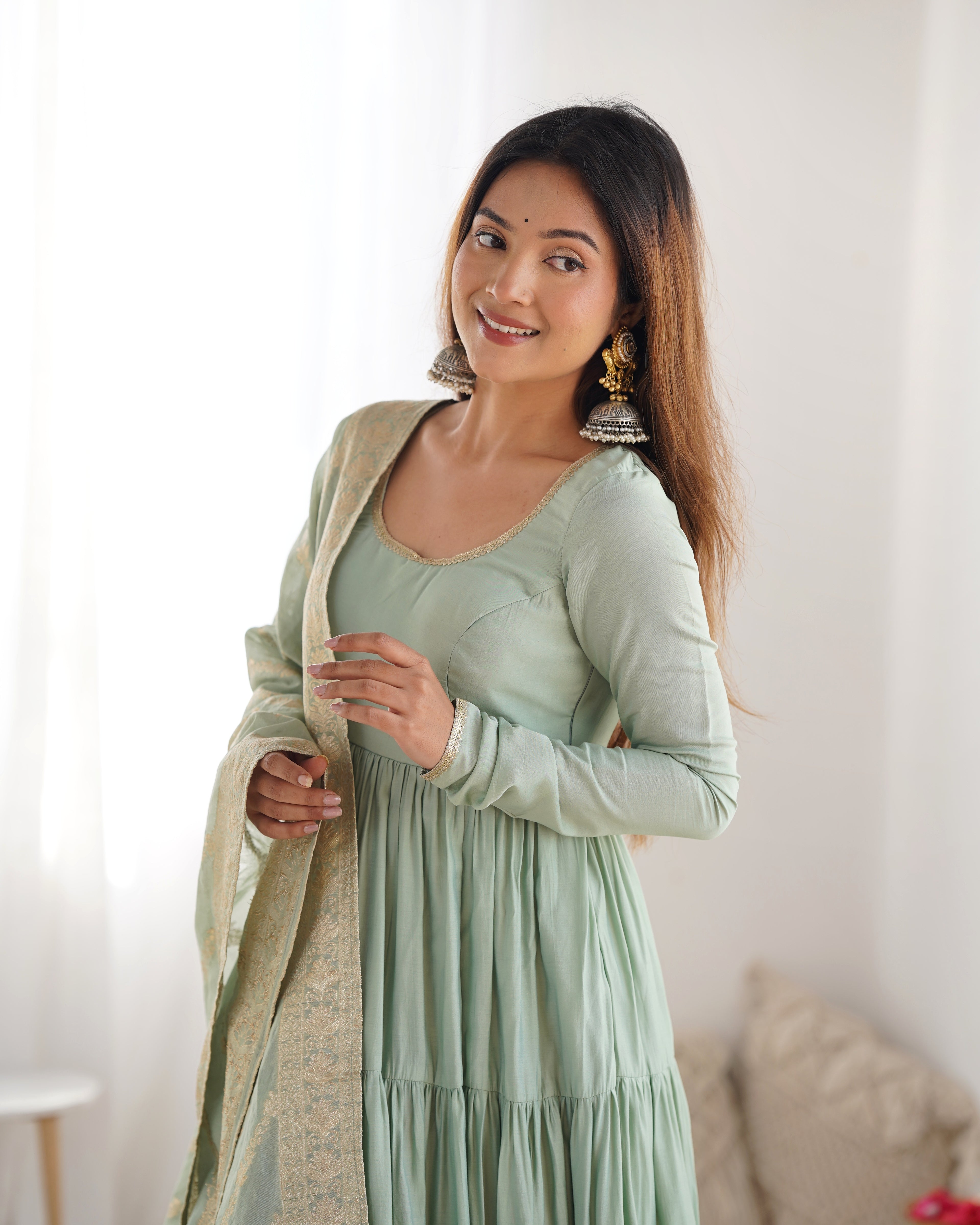 Festive Wear Teal Green Anarkali Dress with Premium Banarasi Dupatta
