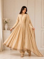 Very Attractive Golden Embroidered Anarkali Suit Set With Dupatta