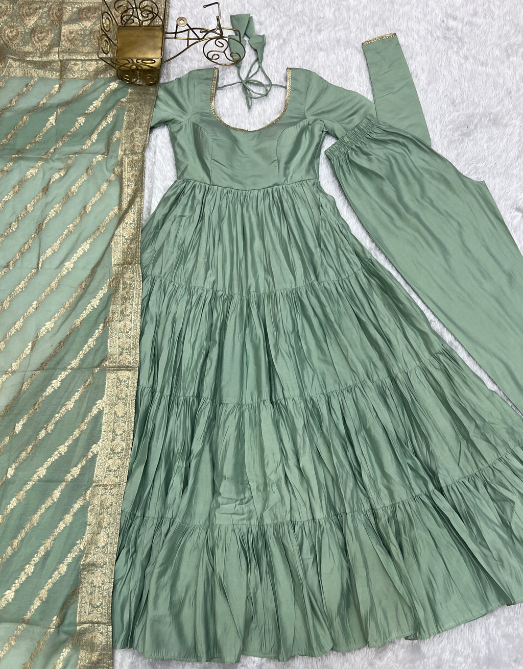 Festive Wear Teal Green Anarkali Dress with Premium Banarasi Dupatta