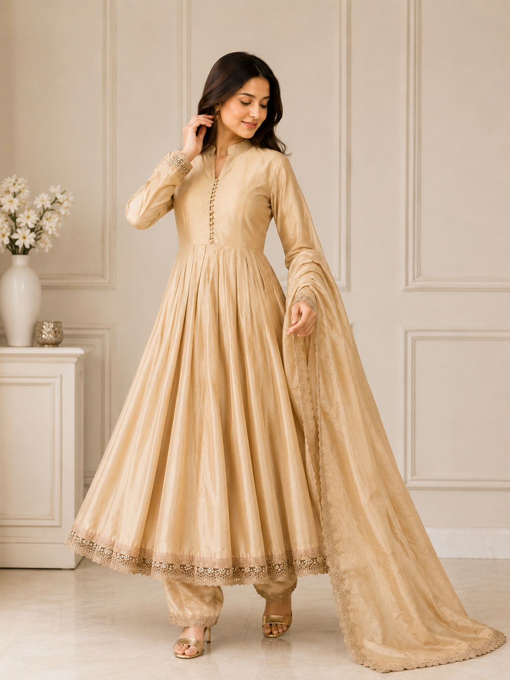 Very Attractive Golden Embroidered Anarkali Suit Set With Dupatta