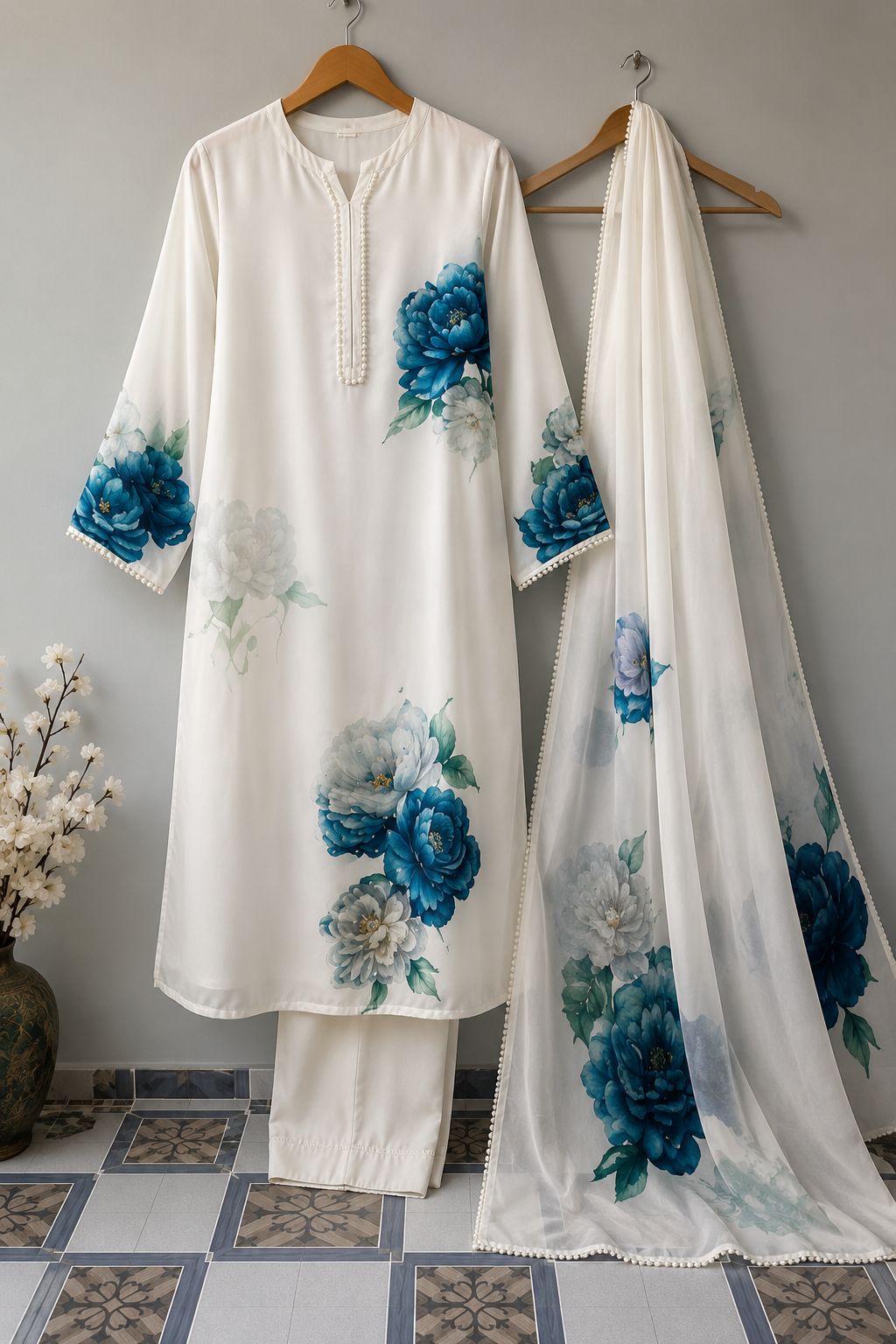 Elegant White Floral Printed Linen Cotton Suit Set with Dupatta