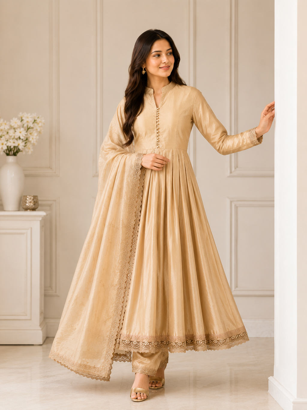 Very Attractive Golden Embroidered Anarkali Suit Set With Dupatta