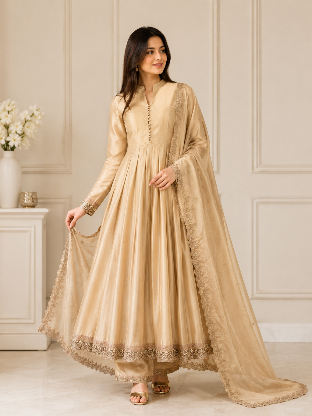 Very Attractive Golden Embroidered Anarkali Suit Set With Dupatta