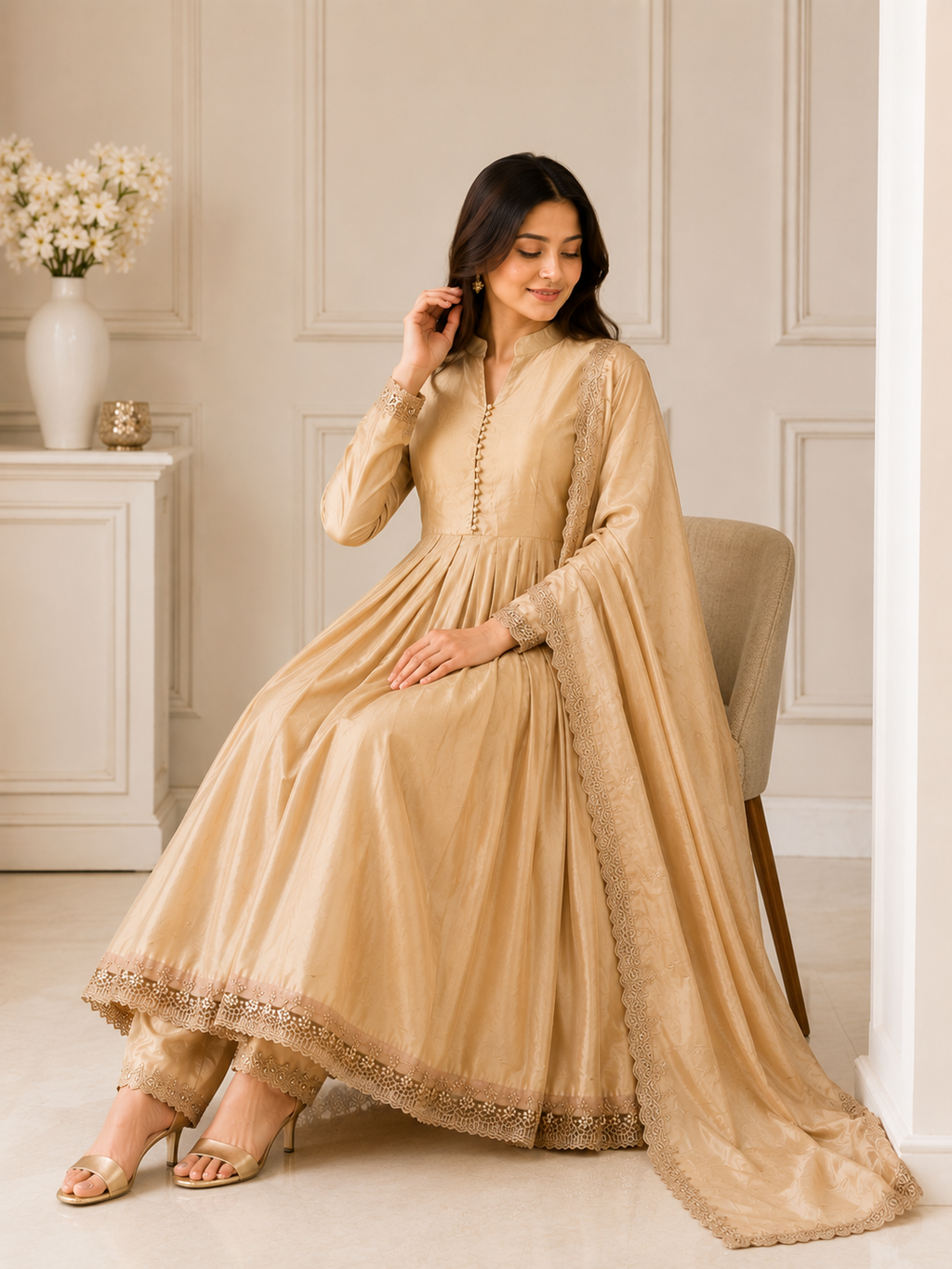 Very Attractive Golden Embroidered Anarkali Suit Set With Dupatta