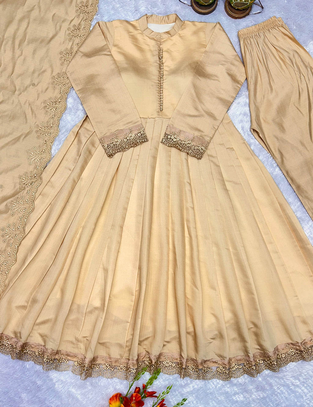 Very Attractive Golden Embroidered Anarkali Suit Set With Dupatta