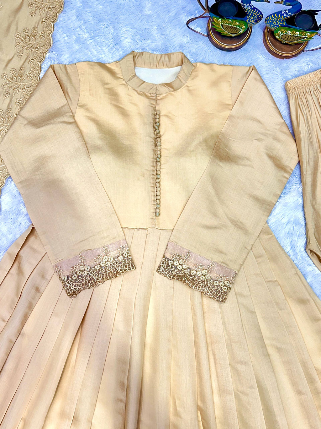 Very Attractive Golden Embroidered Anarkali Suit Set With Dupatta