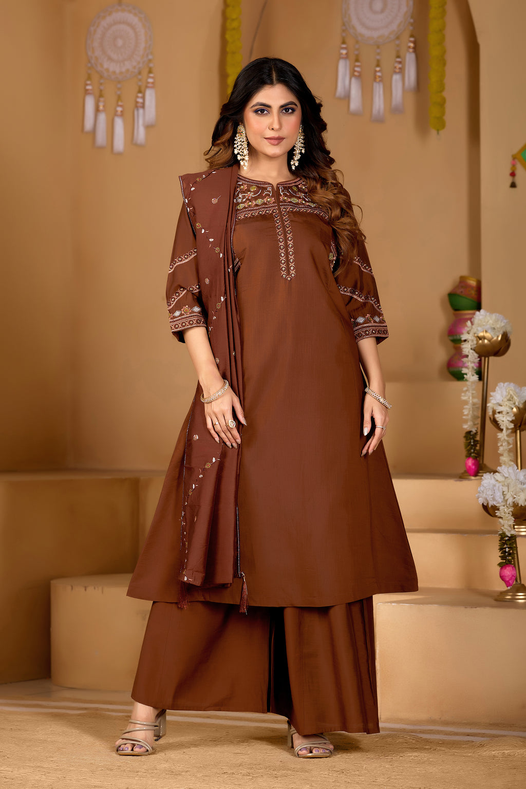 Elegant Coffee Brown Viscose Mango Silk Embroidered Suit Set