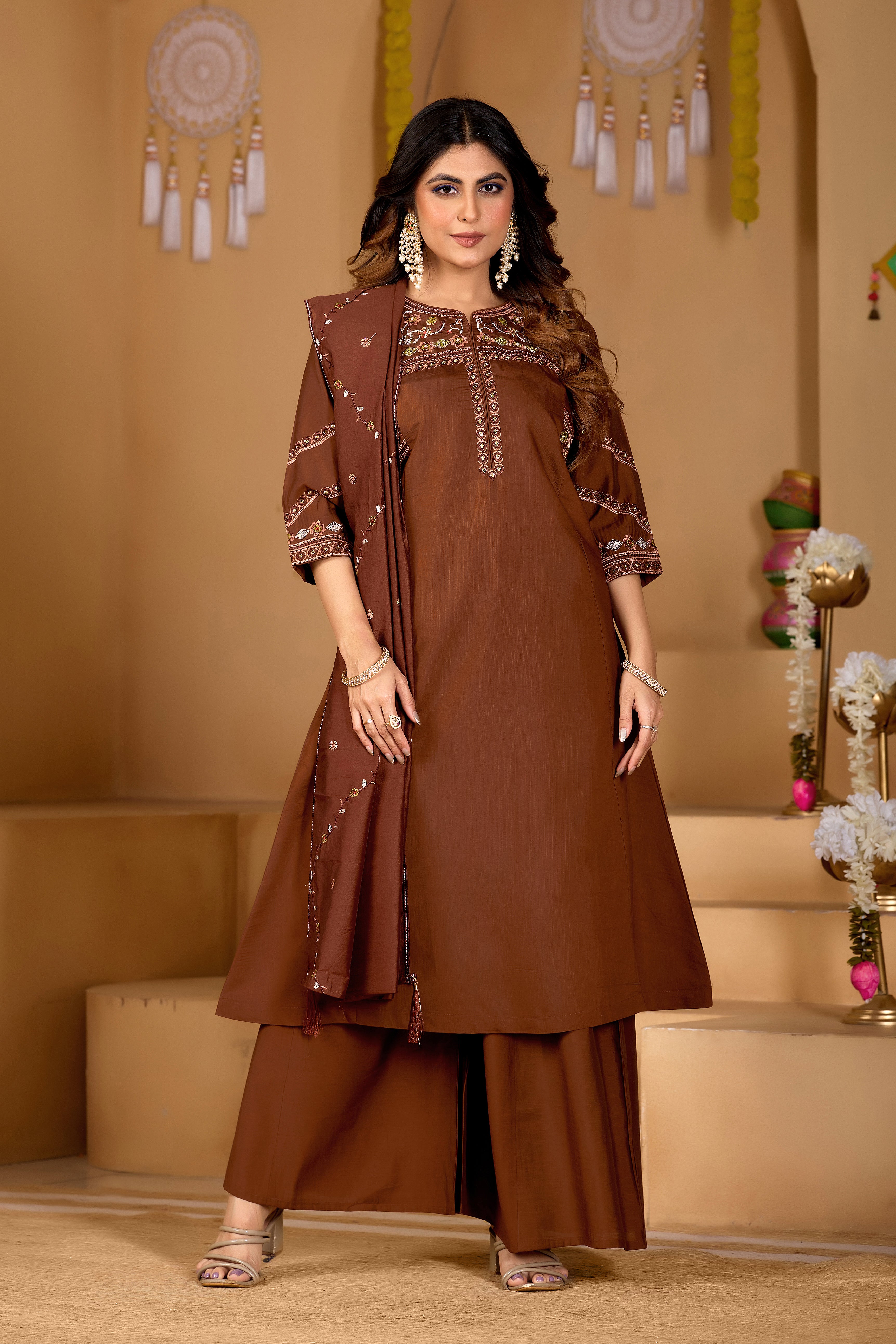 Elegant Coffee Brown Viscose Mango Silk Embroidered Suit Set