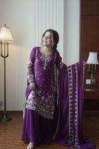 Elegant Wine Fox Georgette Designer Suit Set with Embroidered Dupatta