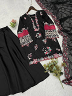 New Designer Black Crape Silk Embroidered Sharara Suit Set with Organza Dupatta