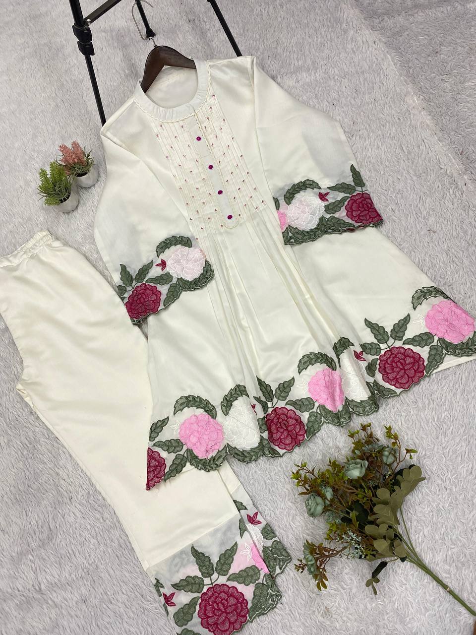 Premium Roman Silk Floral Embroidered Co-ord Suit Set