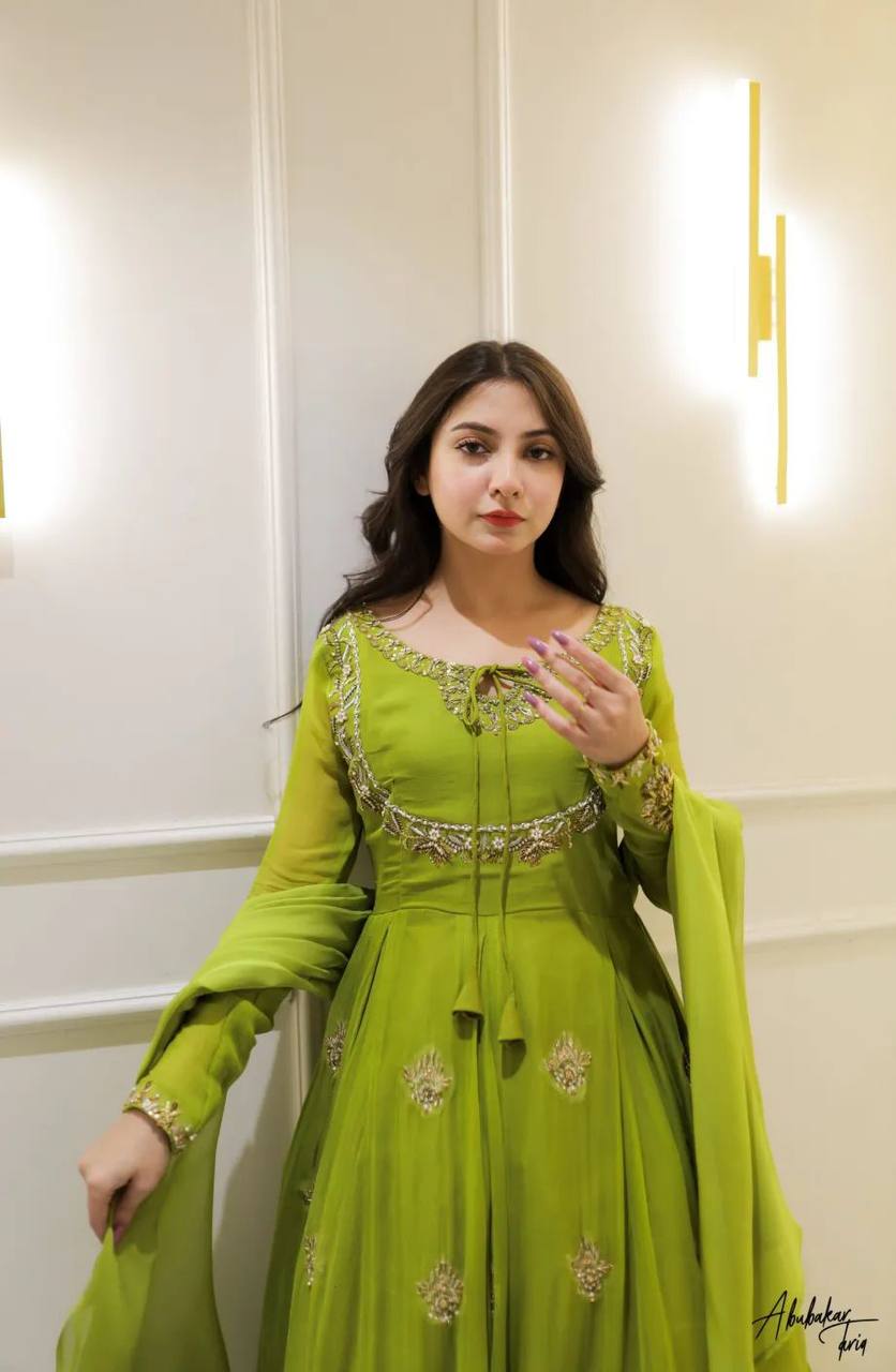 Attractive Parrot Green Georgette Embroidery Anarkali Gown with Dupatta