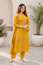 Festive Mustard Pure Cotton Suit Set with Floral Mirror Hand Work