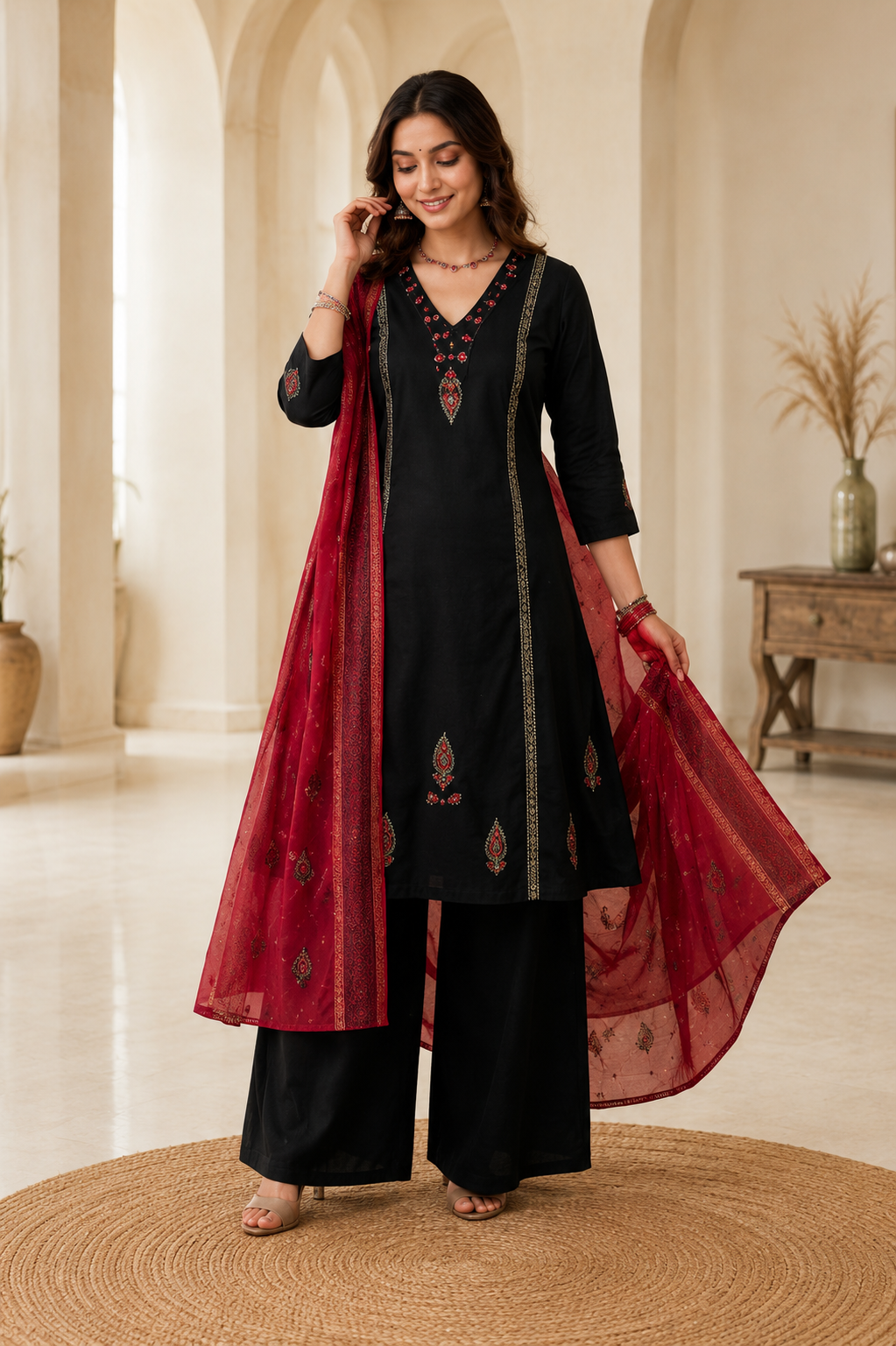 Classic Black Cotton Ethnic Suit Set With Block Print With Real Mirror Hand Work