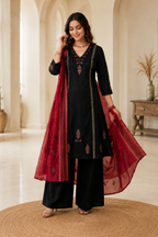 Classic Black Cotton Ethnic Suit Set With Block Print With Real Mirror Hand Work