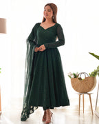 Emerald Grace Soft Georgette Silk Anarkali Suit Set with Ruffle Dupatta