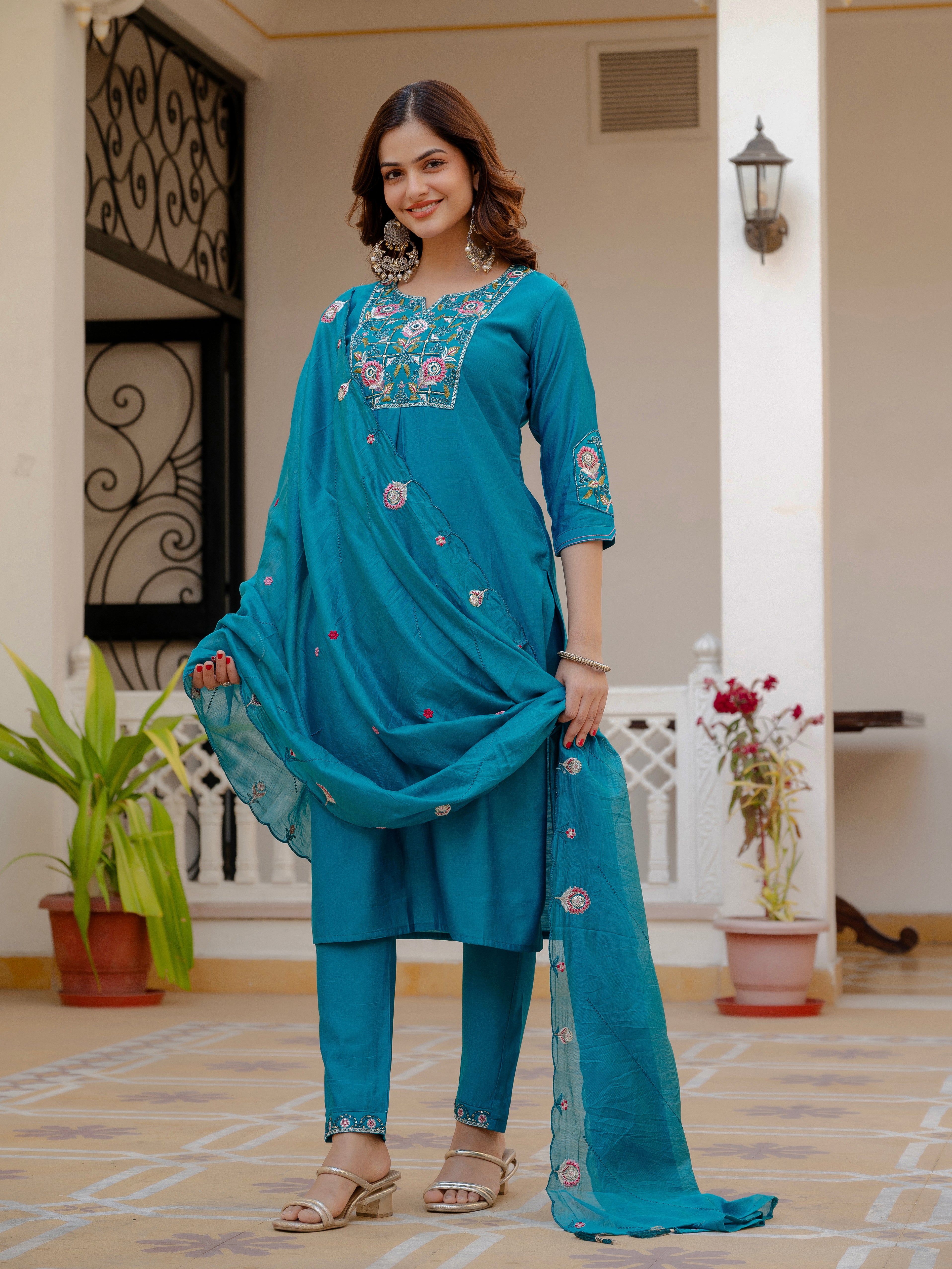 Very Attractive Firozi  Pure Viscose Mango Silk Embroidered Kurta Set with Dupatta