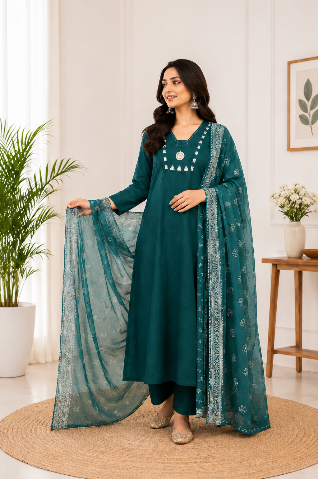 Emerald Teal Cotton Ethnic Suit Set With Real Mirror Hand Work