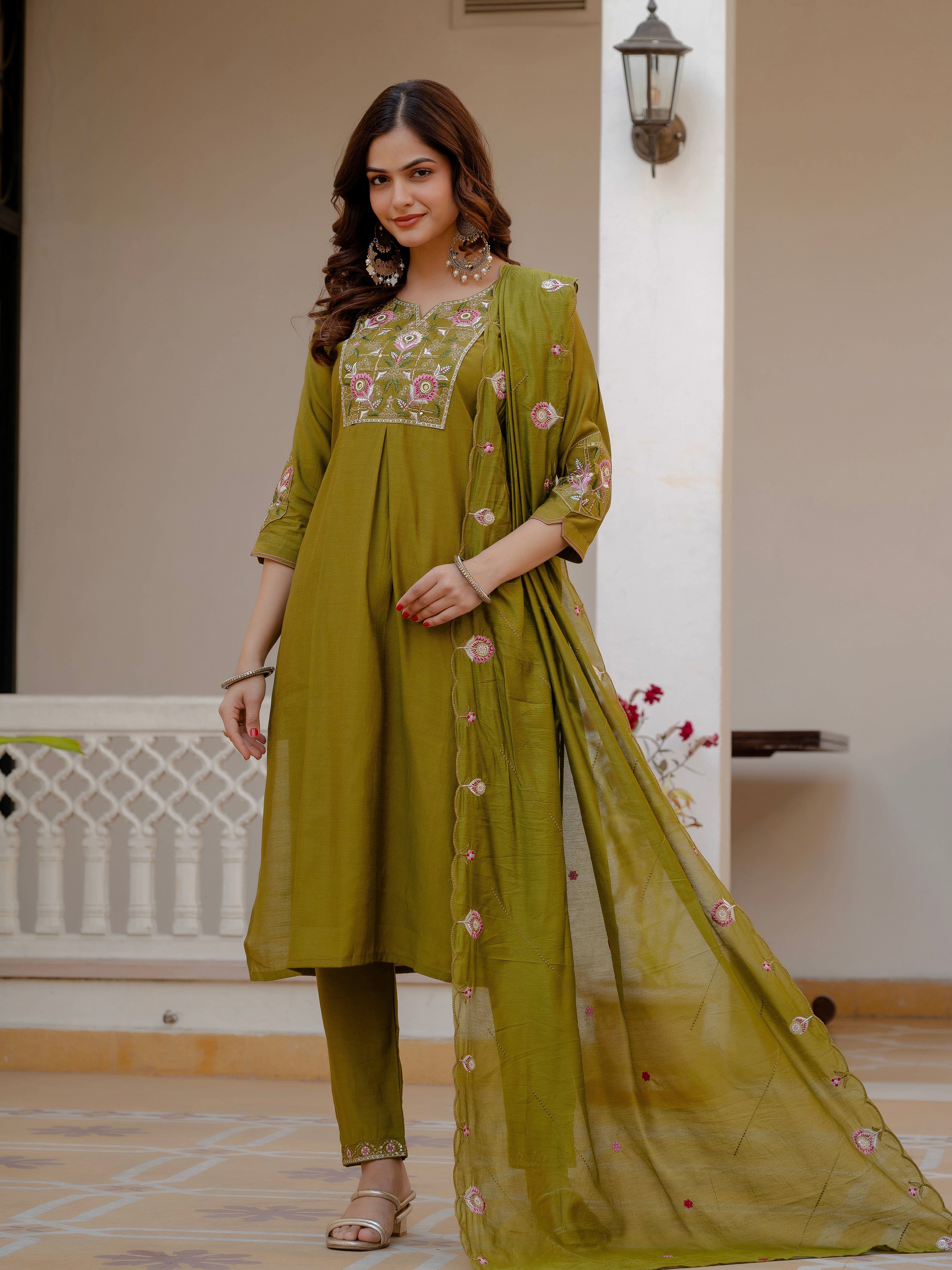 Women’s Olive Green Mango Silk Embroidered Suit Set