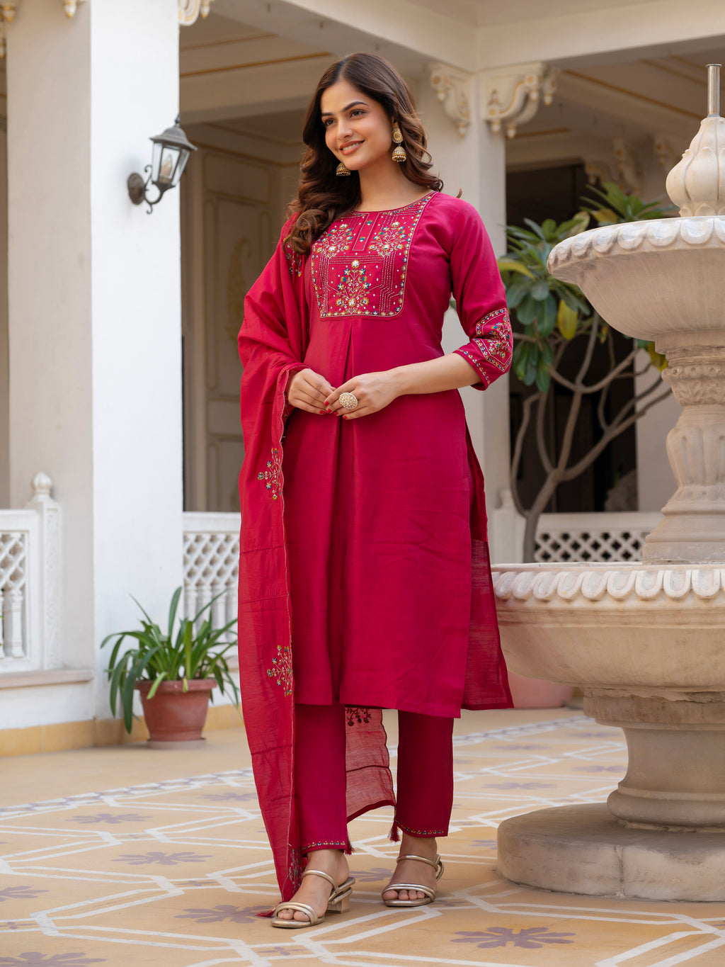 Pink Mango Silk Traditional Dress with Embroidered Dupatta