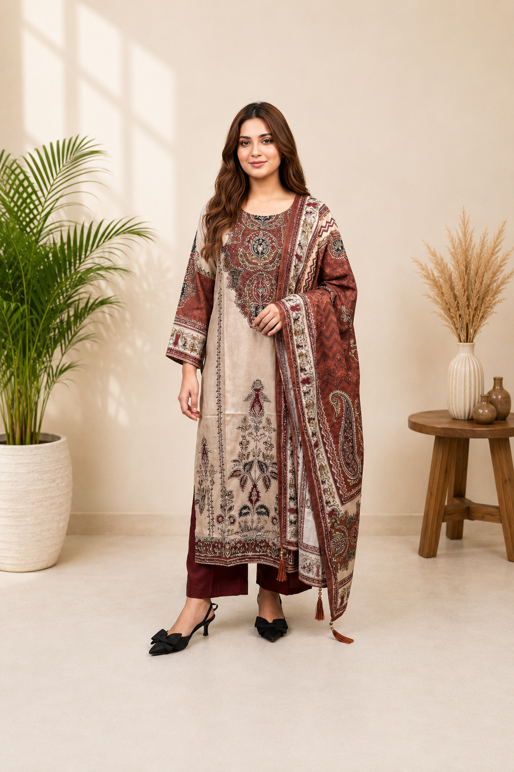 Very Attractive Beige and Maroon Printed Chinon Suit Set With Mirror Work