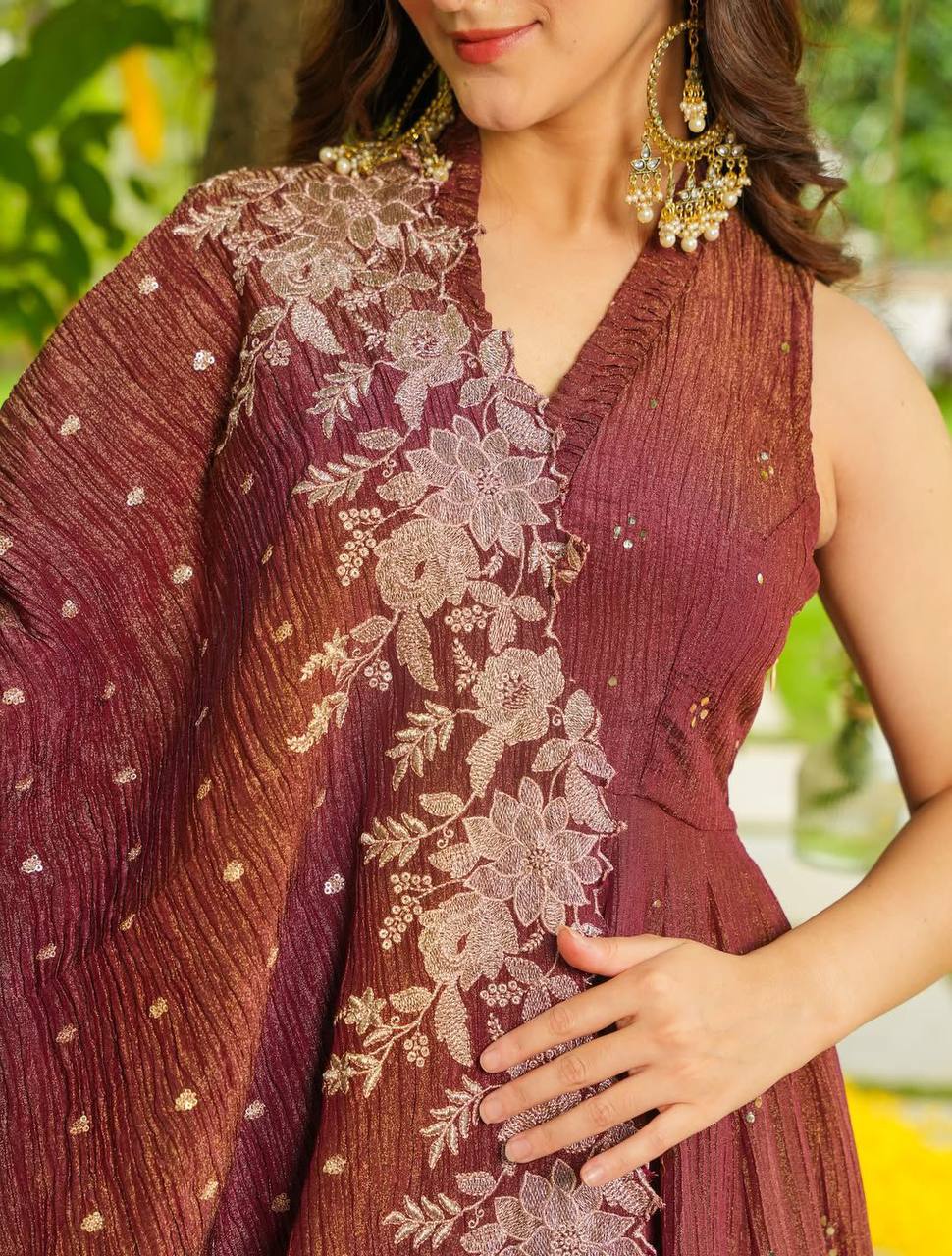 Elegant Brown Crunchy Silk Embroidered Anarkali Suit Set With Dupatta