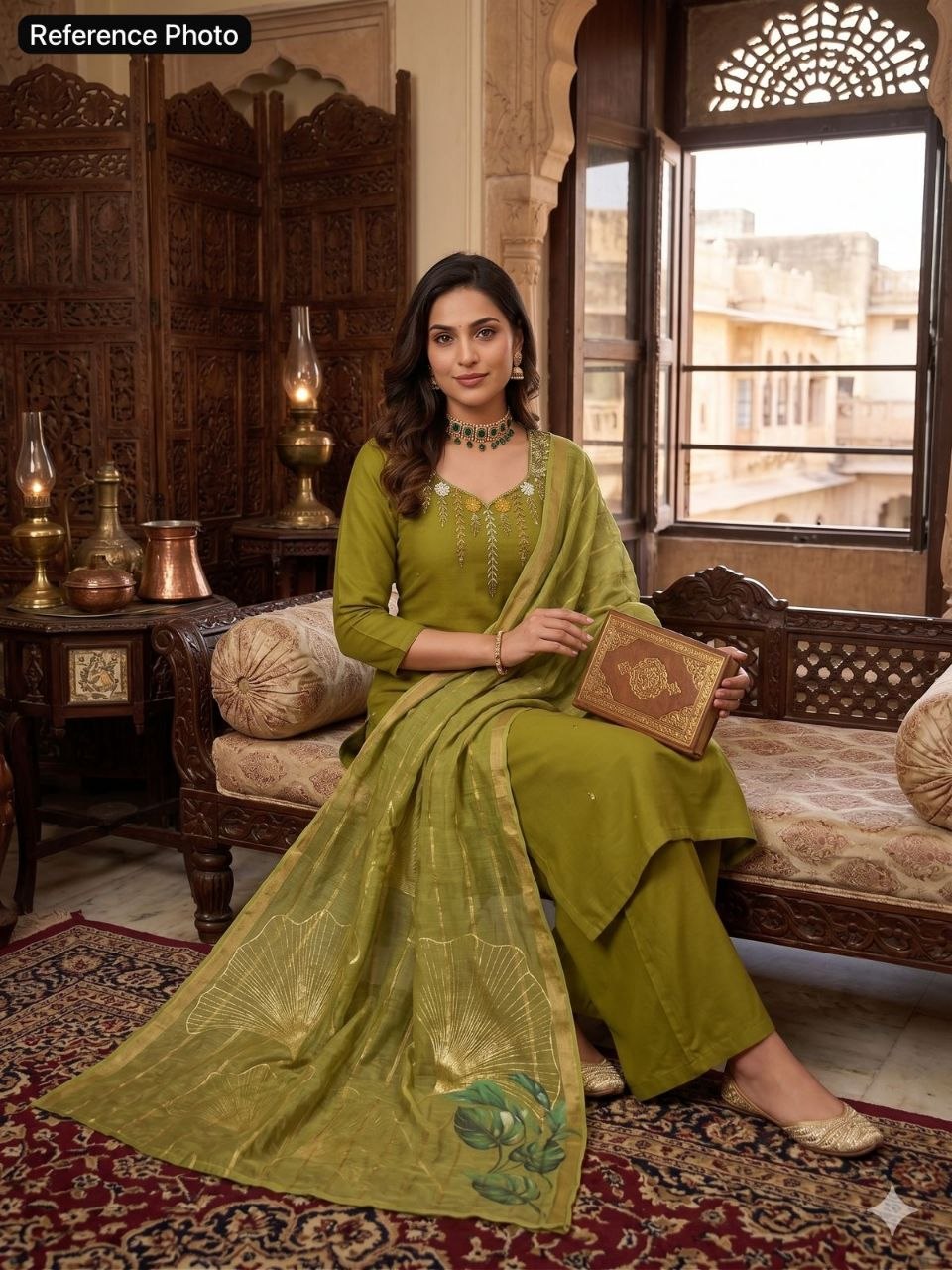 Premium Olive Green Mul Chanderi Suit Set With Beautiful Handwork