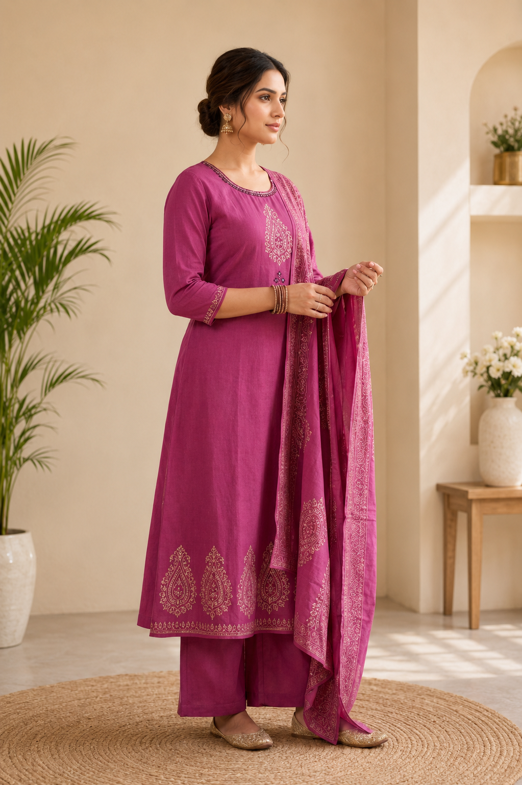 Catchy Rouge Pure Cotton Suit Set With Mirror Hand Work