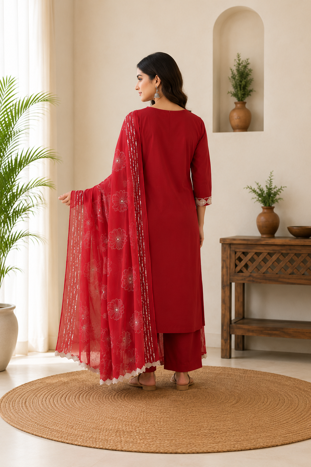 Very Beautiful Red Floral Embroidered Cotton Suit Set