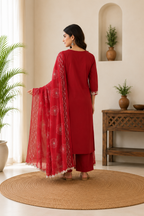 Very Beautiful Red Floral Embroidered Cotton Suit Set
