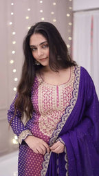 Elegant Dual-Tone Violet Magenta Chinon Silk Embroidery Suit Set