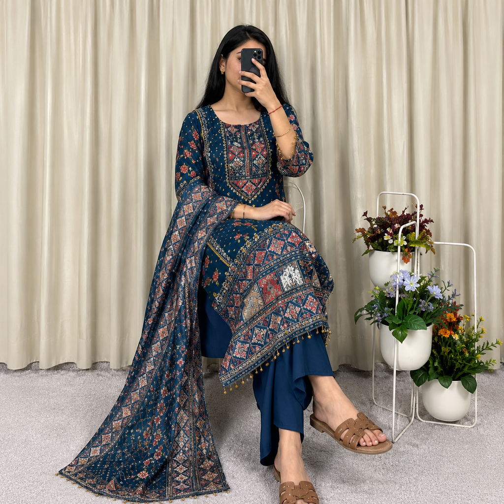 Attractive Prussian Blue Chinon Salwar Suit Set With Mirror Work