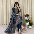 Attractive Prussian Blue Chinon Salwar Suit Set With Mirror Work
