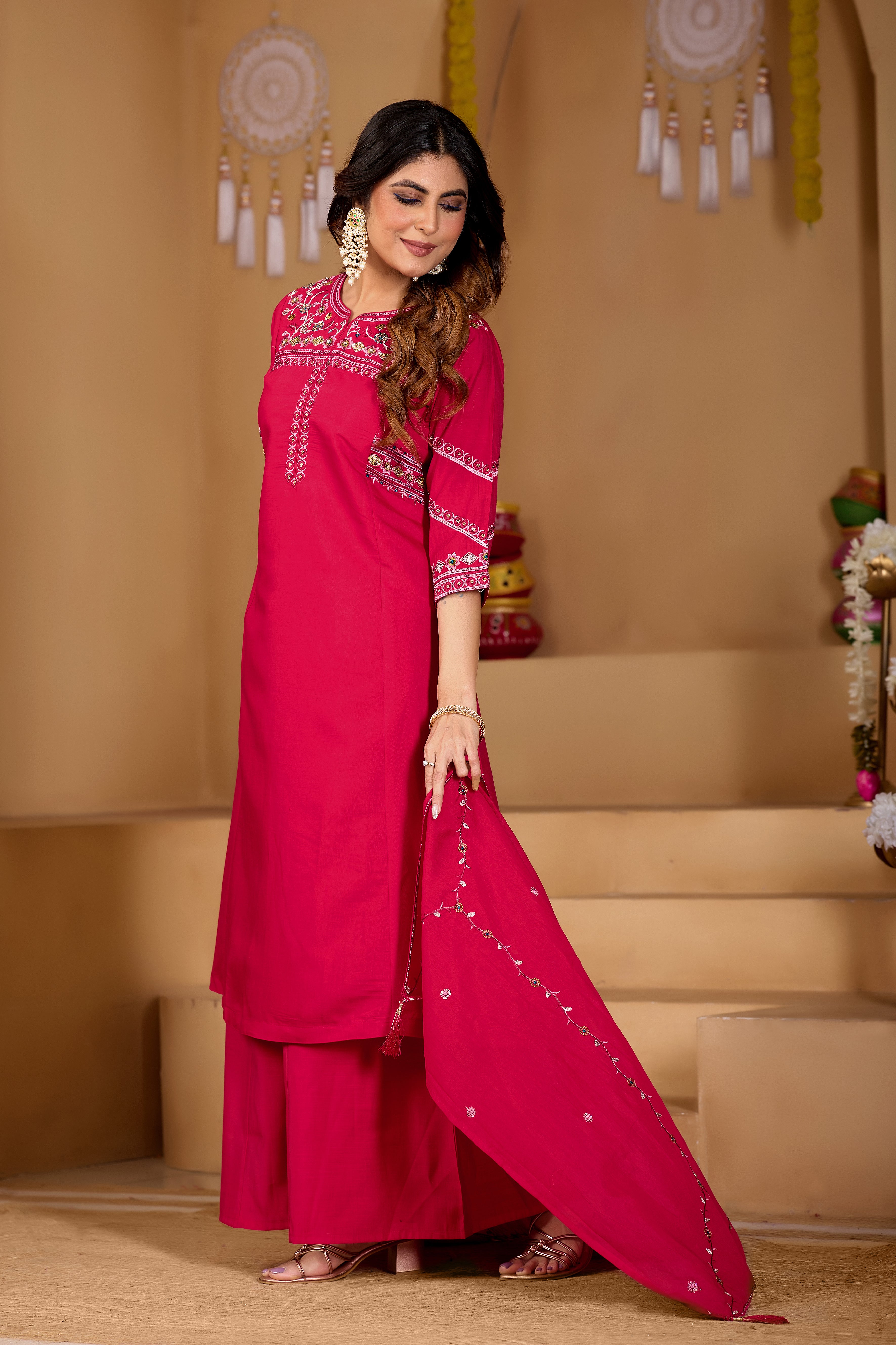 Attractive Rani Pink Viscose Mango Silk Anarkali Kurti Set