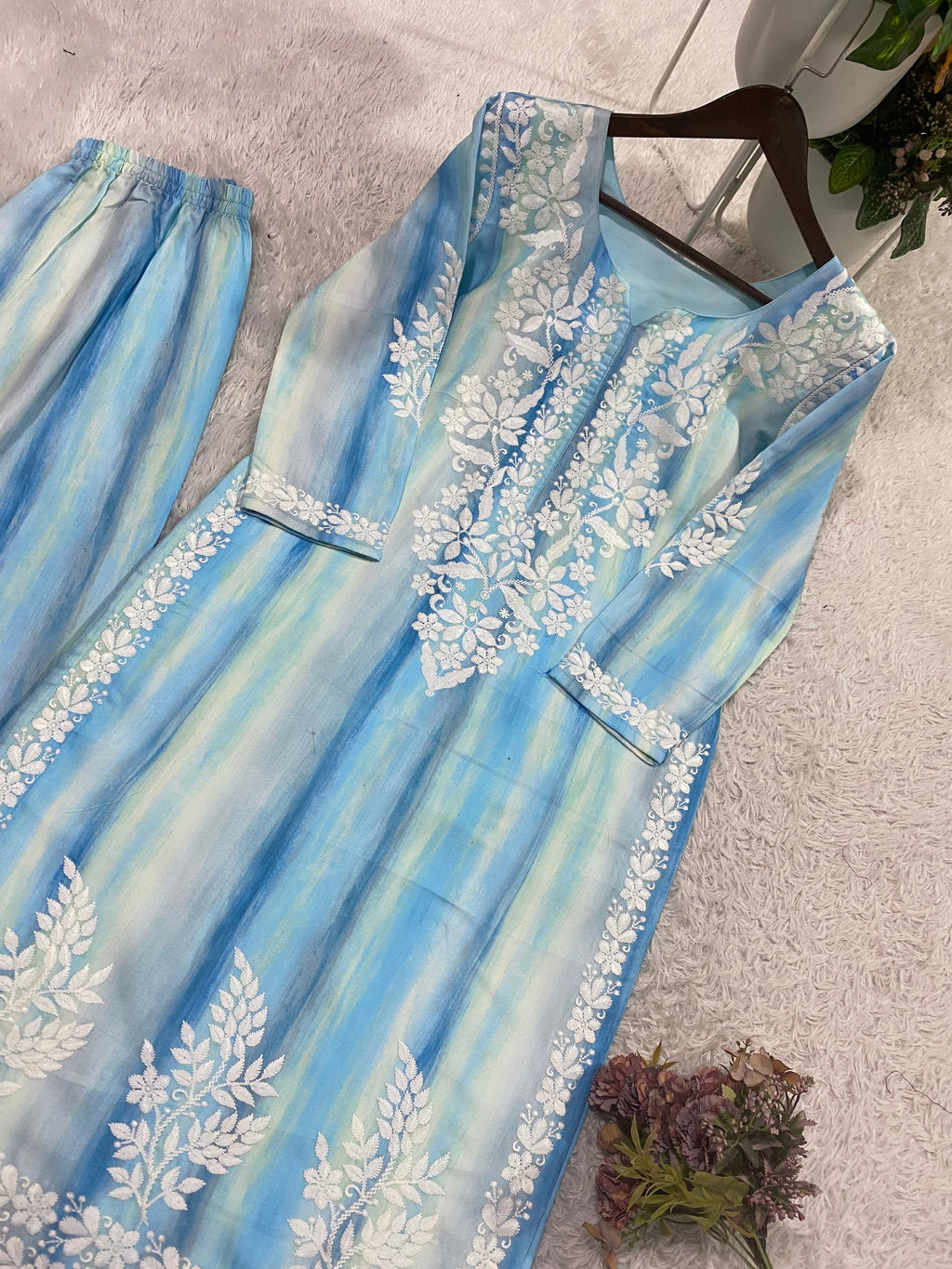 Beautiful Ocean Blue Striped Rayon Embroidery Chikankari Suit Set