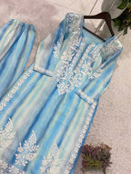 Beautiful Ocean Blue Striped Rayon Embroidery Chikankari Suit Set