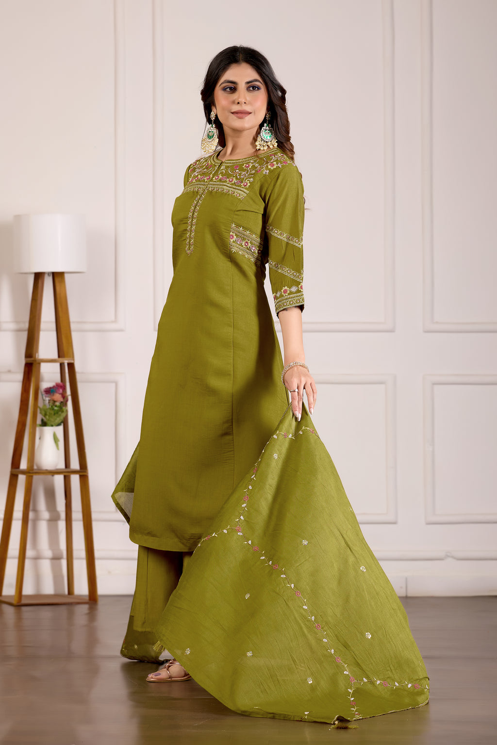 Elegant Mehndi Green Viscose Mango Silk Anarkali Kurti Set