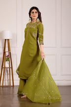 Elegant Mehndi Green Viscose Mango Silk Anarkali Kurti Set