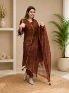 Festive Designer Brown Rayon Embroidery Straight Kurti Pants Set