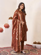 Premium Brown Roman Silk Embroidered Kurti Pant Dupatta Set