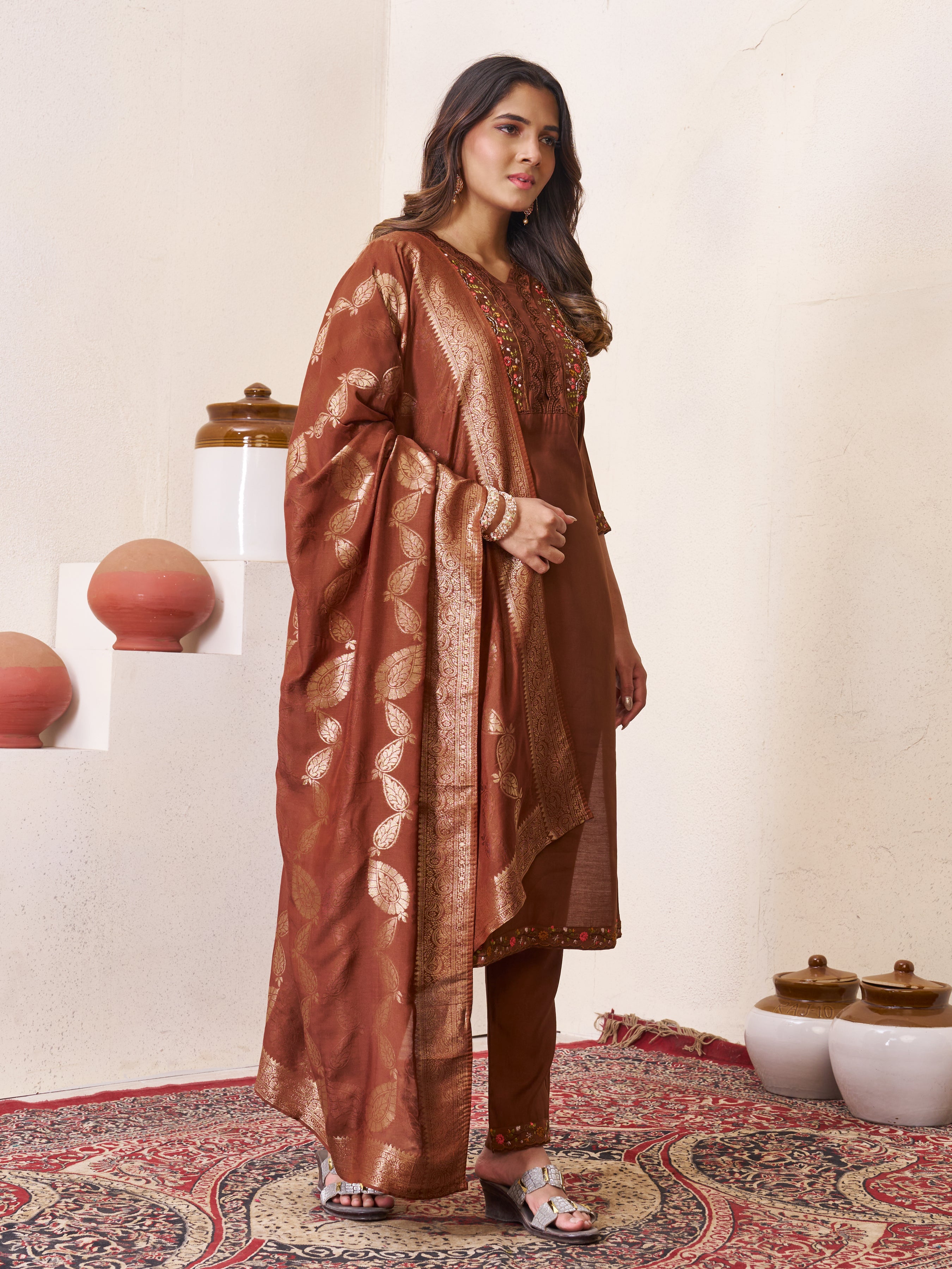 Premium Brown Roman Silk Embroidered Kurti Pant Dupatta Set
