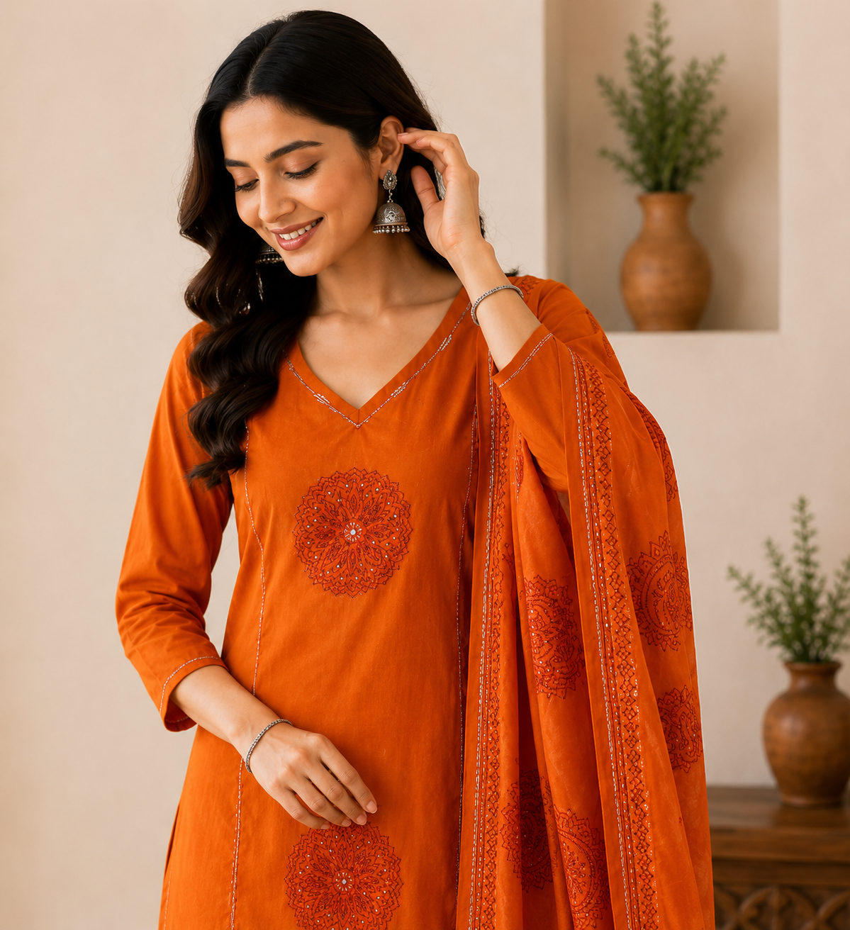 Premium Rust Orange Hand Block Print Pure Cotton Suit Set