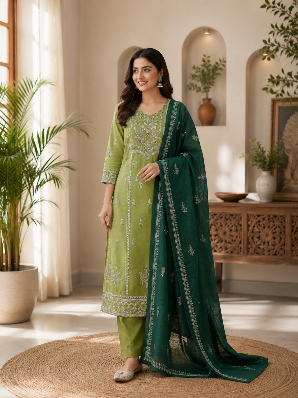 Elegant Green Hand Block Printed Pure Cotton Suit Set