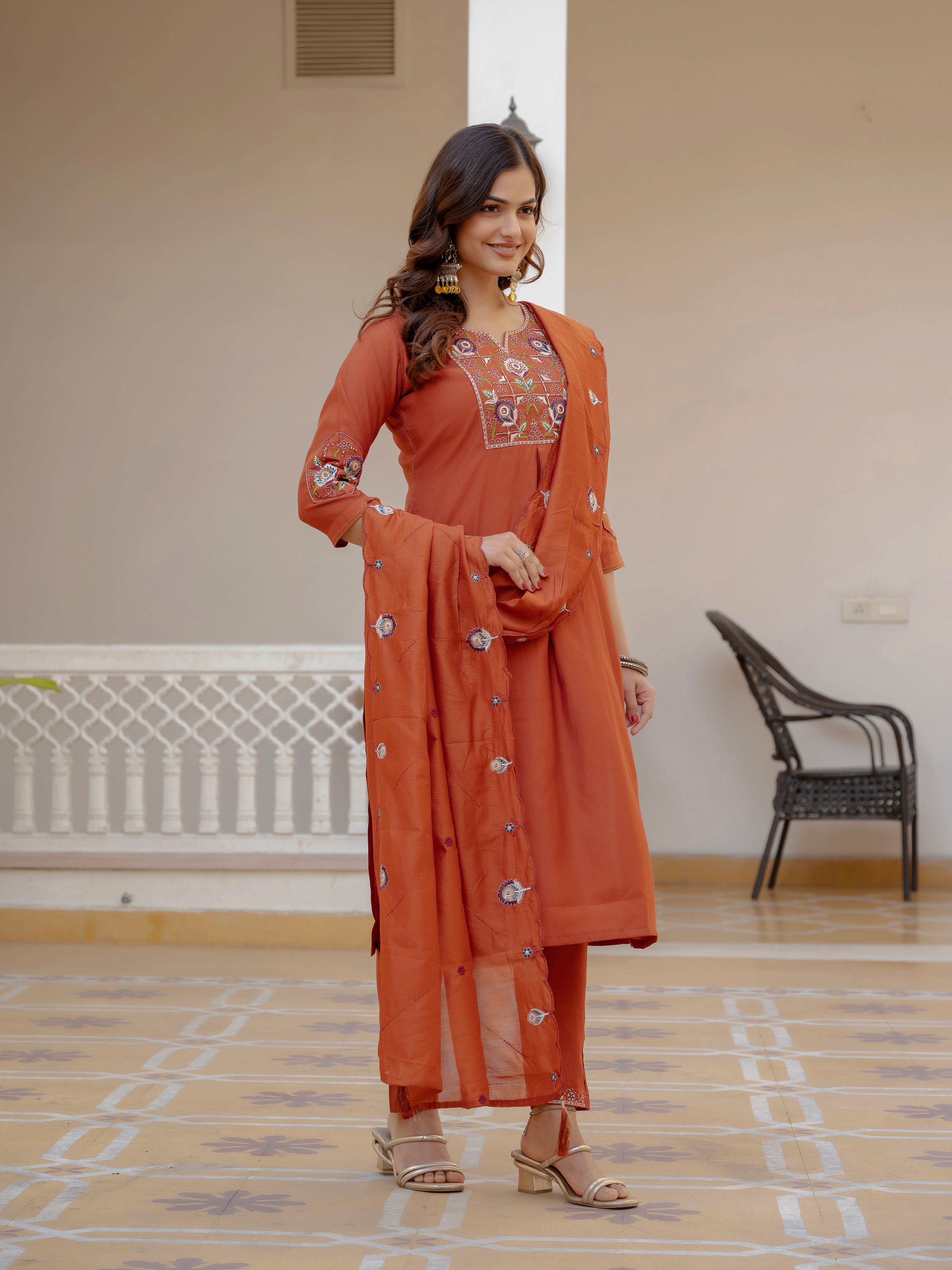 Designer Rust Orange Embroidered Kurta Set with Dupatta