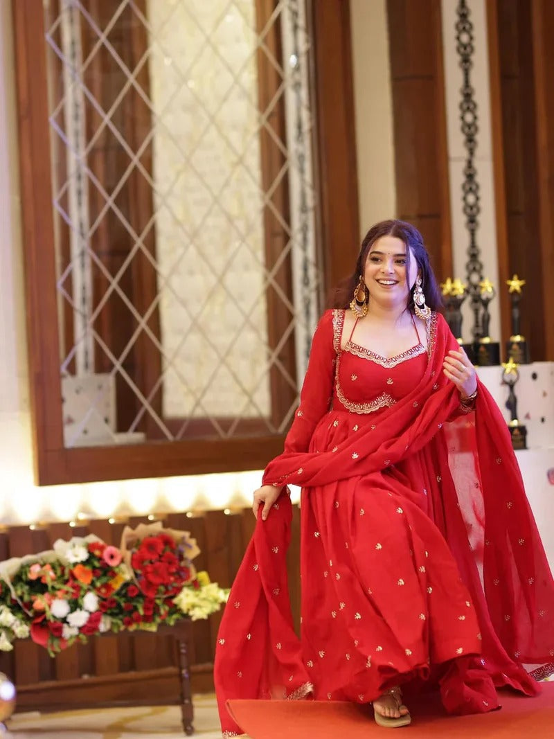 Neha Elegant Red Faux Georgette Anarkali Suit Set