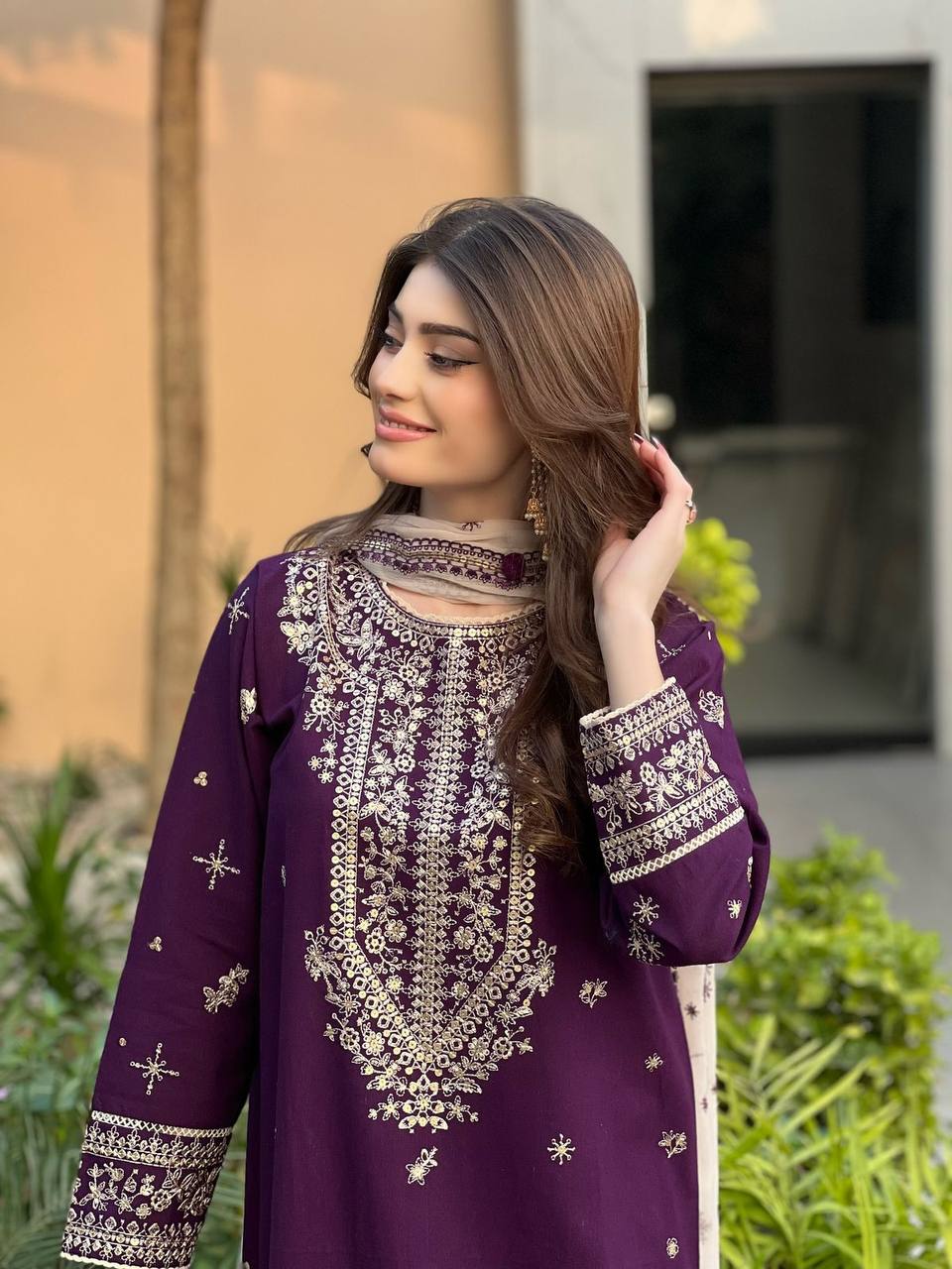 Elegant Royal Purple Faux Georgette Sequence Embroidery Salwar Suit Set