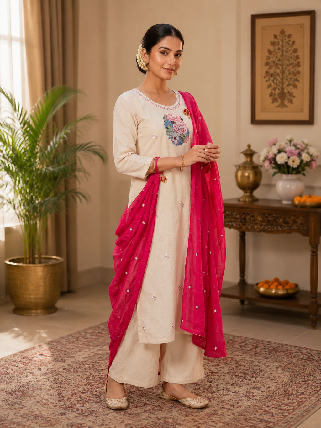 Elegant Off-White Pure Khadi Cotton Embroidered Suit Set with Rani Pink Dupatta
