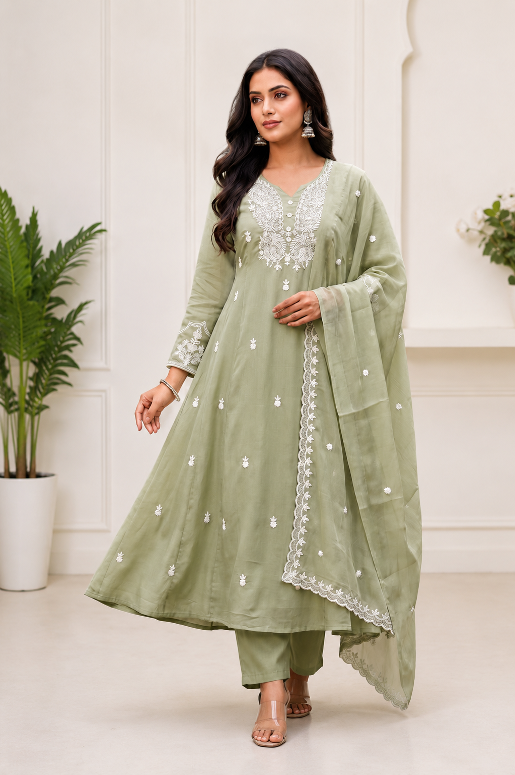 Pista Green Pure Mul Chanderi Embroidered A-Line Suit Set with Dupatta